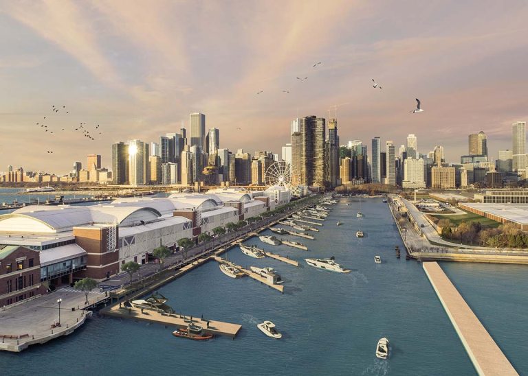 Rendering Birds Eye Angled Docks w Breakwall NOV 2023 | Marina Dock Age